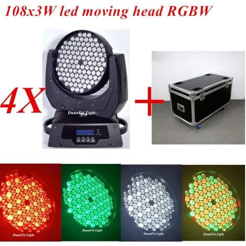 Flightcase)4pcs/lot led wash moving head light 108*3w rgbw moving head led wash dj lyre flycase