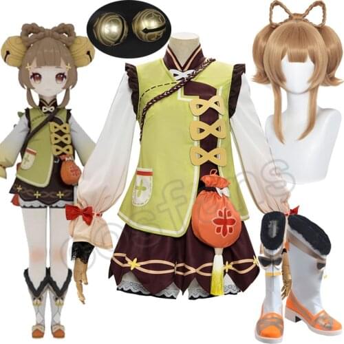 Game Genshin Impact YaoYao Skin Lolita Dress Cute Uniform Loli Outfit Cosplay Costume Women Halloween Yaoyao Cosplay Wig Shoes