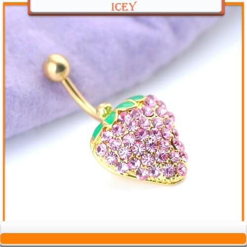Diamond inlaid with zircon clear strawberry Navel Ring Navel button boutique medical steel human body piercing