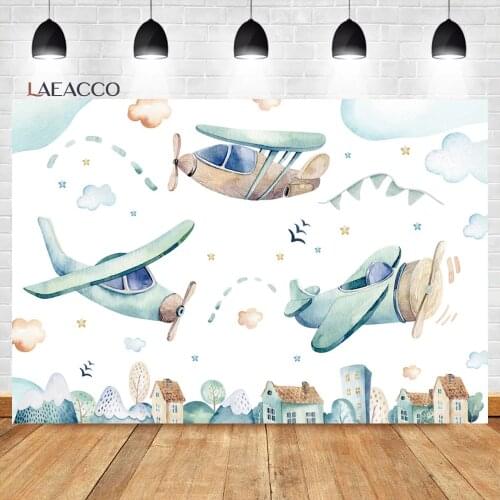 Laeacco Birthday Backdrops Sky Clouds Airplane Balloons Photography Backgrounds Baby Shower Photocall Newborn Photozone Props