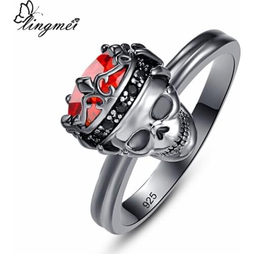 Lingmei Wholesale Punk Style Exquisite Round Zircon Silver Color Black Gold Skull Ring Size 6-9 Halloween Gorgeous Jewelry Gift