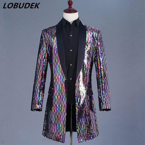 Flipping Sequins Windbreaker Long Coat Men Costume Rainbow Color paillette Jacket Outerwear Nightclub Punk Singer Stage Clothing