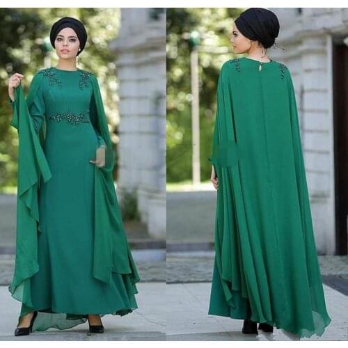 New Dark Green Muslim Arabic Prom Formal Dresses with Cape Wrap Beaded Long Sleeve Kaftan Iraq Occasion Evening Gowns