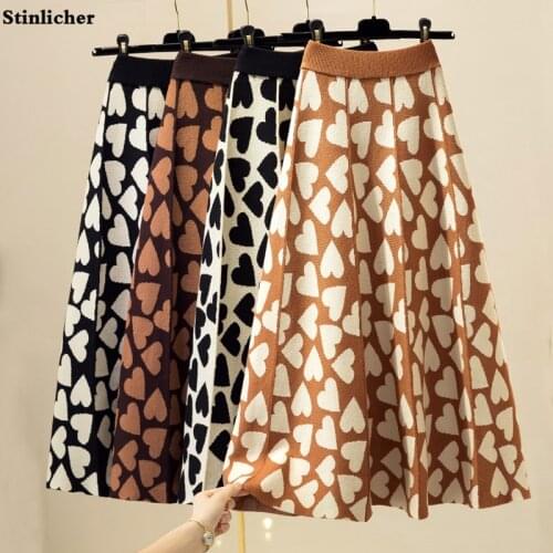 Autumn winter peach heart jacquard knitted skirts women fashion elastic waist long skirts warm all-match midi umbrella skirt