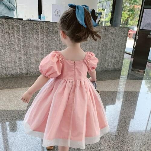 Girls Princess Summer Dress 2021 New 3-8Y Childrens Pink Puff Sleeve Party Dresses Cute Voile Knee Length Luxury Dress