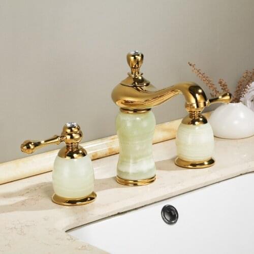 Luxury Gold Brass Natural jade Bathroom Sink Faucet Golden Art Basin Mixer Taps Three holes Lavatory Faucet,Gold Finish--SM523