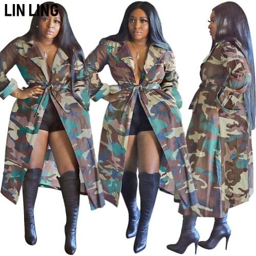 Spring Casual Lapel Print Camouflage Lace Up Mid Length Jacket Women Fashion Street Style Windbreaker