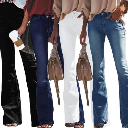 Women Mid Waist Denim Jeans Slim Full Length Flare Jeans Ladies Casual Regular Pants