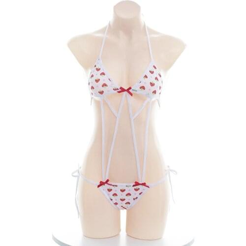 Women Cotton Strawberry Printed Bandage Bikini Set Cute Sexy Lingerie Lolita Swimsuit Erotic Costumes Bra Women Underwear