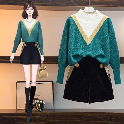 New Winter Turtleneck Pullover Sweater +High Waist Shorts Two Pieces Clothing Set knitted Jumpers Outfit knitwear For Women