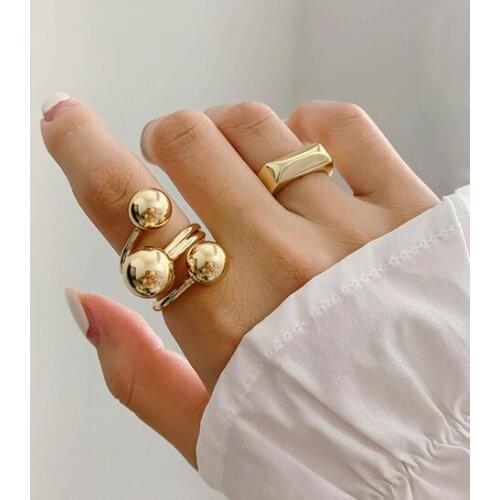 New Hip Hop Punk Personality Design Round Metal Ball Gold Finger Ring For Women Fashion Jewelry Party Gift