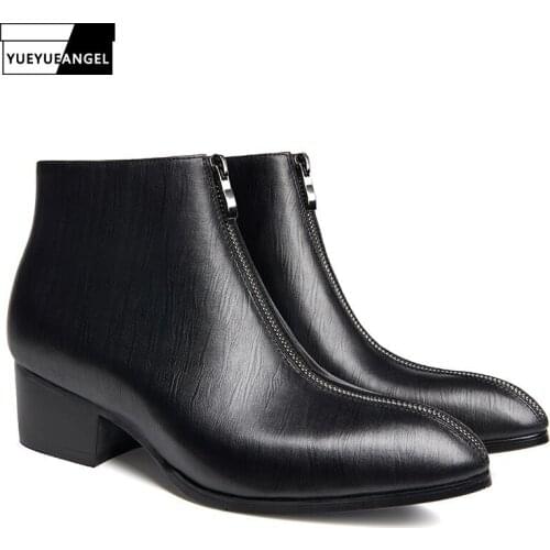 Winter Business Men Pointed Toe Ankle Boots 100% Real Leather High Top Shoes Fashion Zipper High Heels Cowboy Boots Plus Size