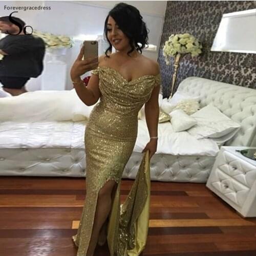 Gold Seuqins Bridesmaid Dress Sexy Split Long Maid of Honor Wedding Party Gown