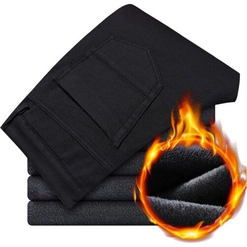 2021 Winter Brand 98% Cotton Fleece Thick Warm Fitted Straight Pants Classic Style Youth Mens Slim Trousers Black Blue Khaki