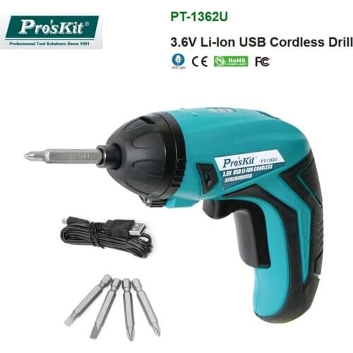 ProsKit PT-1362U 3.6V USB Li-ion Cordless Electric Screwdriver Rechargeable Cordless Power Drill with Drill Bits Kits Set