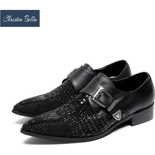 Christia Bella New Fashion Men Genuine Leather Brogue Shoes Black Buckle Oxford Shoes Business Party Formal Derby Shoes Male