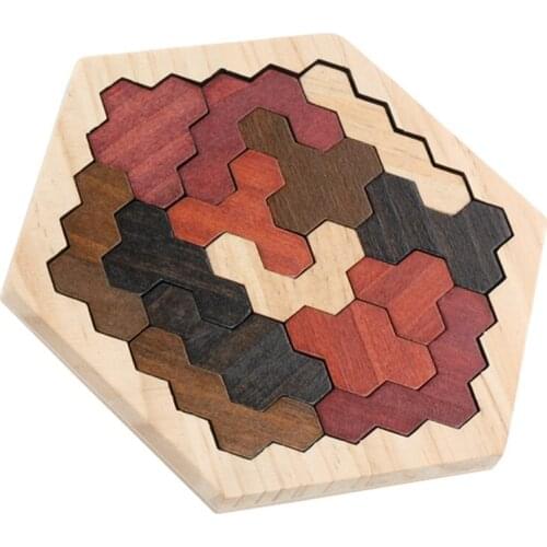 Wooden Hexagon Puzzle for Kids Adult - Honeycomb Shape Tangram Puzzle Toys Geometry Logic IQ Game