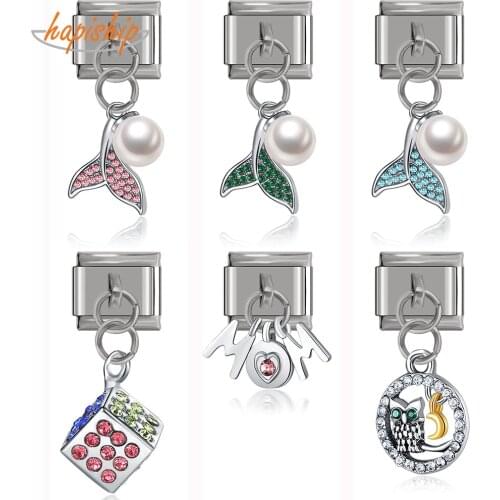 Hapiship Original Daisy Mom Owl Mermaid Tail Dazzling CZ Italian Charm Fit 9mm Bracelet Stainless Steel Jewelry Making DJ117