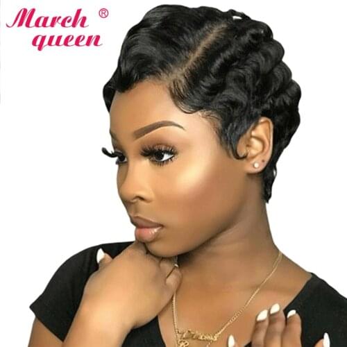 Marchqueen Short Finger Wave Wigs For Women Ombre Human Hair Wigs Brazilian Ocean Wave Wig Colorful Full Machine Made Wig 130