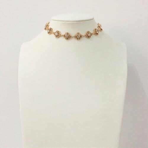 TRENDY GOLD COLOR FOUR LEAF CLOVER WITH CLEAR STONE CHOKER NECKLACE FOR WOMEN GIRL MOTHER