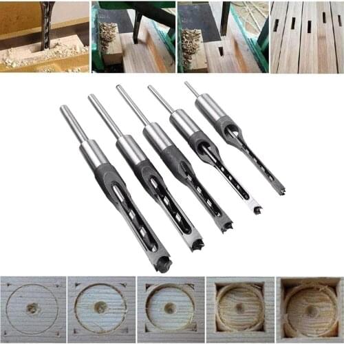 5PCS HSS Twist Drill Bits Woodworking Drill Tools Kit Set Square Auger Mortising Chisel Drill Set Square Hole Extended Saw