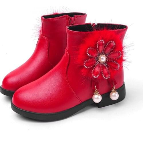 2020Autumn Winter Girls Boots Kids Shoes Princess Flowers Plush Warm Martin Boots for Christmas And New Years Red Pink 4 5 6-12T