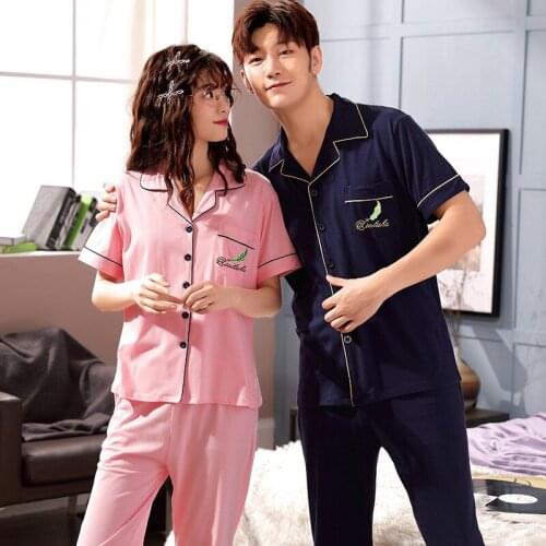 100% Cotton Couples Short Sleeve Long Pants Pajama Sets for Women 2021 Summer Korean Sleepwear Pyjamas Men Homewear Home Clothes