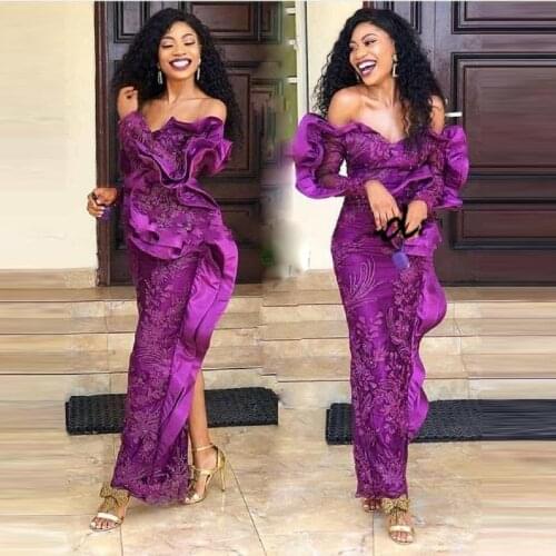 Grape Purple Mermaid Evening Dresses Ruffles Off Shoulder Aso Ebi Prom Dress With Lace Appliques Long Sleeve robes de soirée