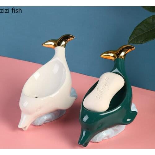 Gilded Dolphin Soap Dishes Dispenser Soap Box Bathroom Accessories Drain Rack Ceramic Bath Supplies Home Decoration Modern