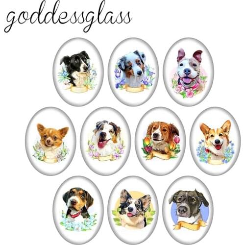 Flower Dogs Bulldog Shepherd dog 10pcs mixed 13x18mm/18x25mm/30x40mm Oval photo glass cabochon demo flat back Making findings