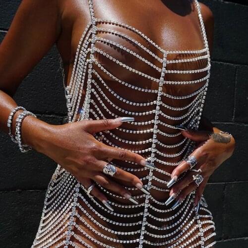 Stonefans Sexy Body Jewelry Rhinestone Bodysuit Dress Mesh Skirt Sparkly Crystal Transparent Body Chain Harness Prom Bar Bikini