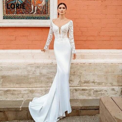 LORIE Unique Lace Wedding Dresses Mermaid, V-Neck Long Sleeve Romantic Wedding Gowns, Soft Satin Open Back Princess Party Dress