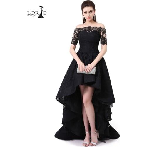 LORIE High/Low Black Evening Dresses Elegant Lace Appliques Women Prom Party Gowns Formal Short Sleeve Beauty Pageant Dresses