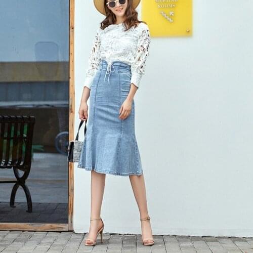 Summer Women High Waist Trumpet Denim Skirt Office Ladies Elegant Slim Fit Mid Calf Long Wrap Skirts Lace Up Casual Jean Skirt