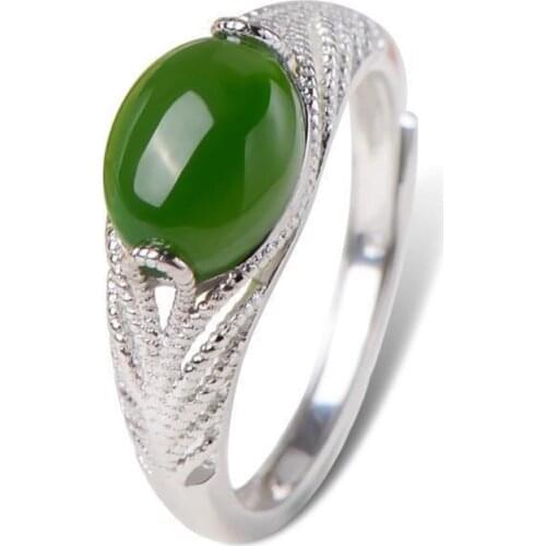FYSL Silver Plated Oval Shape Green Agates Resizable Finger Ring for Women Gift Trendy Jewelry