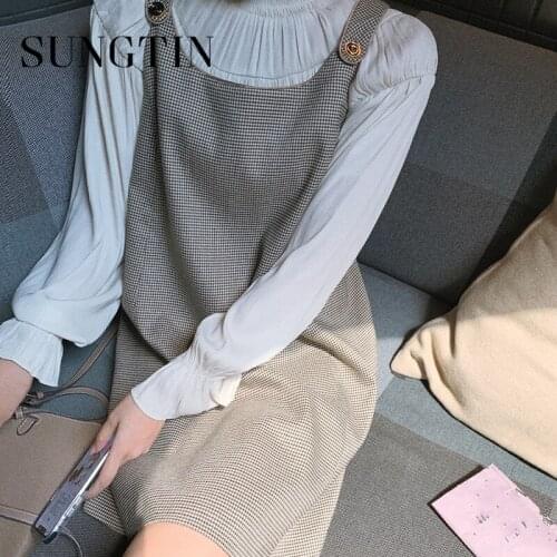 Sungtin Houndstooth Strap Dress Women Vintage Chic loose Spaghetti Strap Mini Dress Elegant Korean Sleeveless Vestido De Mujer