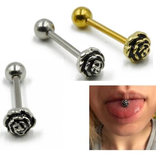 1pcs steel&Gold Rose Flower Tongue Barbell Rings Stianless Steel Piercing Wholesale Body Jewelry
