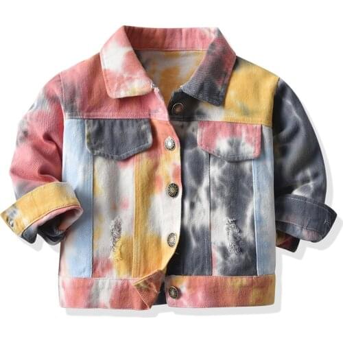 2021 Girls Boys Coat Colorful Childrens Tie-Dye Jackets Single-Breasted Spring Ripped Denim Jacket Toddlers Autumn Kids Clothes