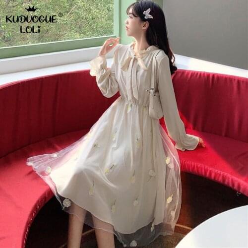 2021 Spring Dresses For Women Long Sleeve Girls Sweet Chiffon Ruffled Collar Midi High Waist Applique Flower With Mesh Skirt New