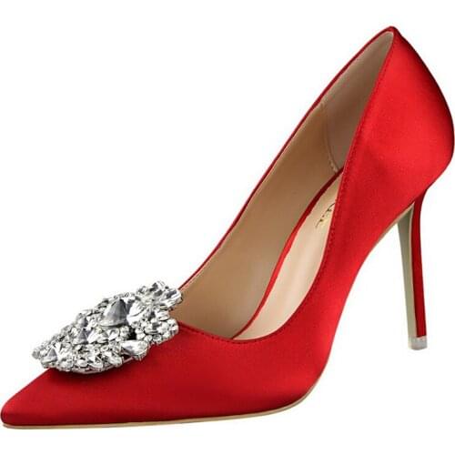 Satin Rhinestones High Heel Stiletto Shallow Mouth Pointed 2019 Spring And Summer Fashion Green Womens Shoes Red Wedding Shoes