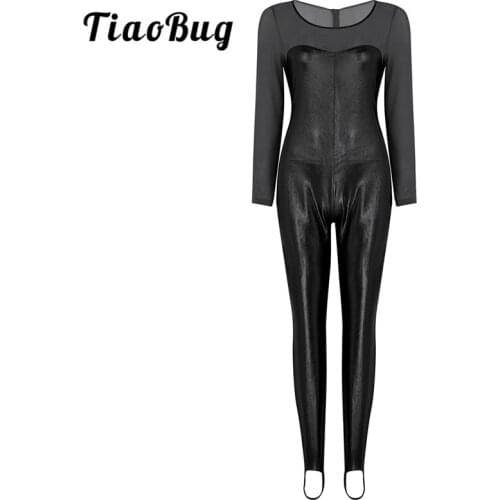 TiaoBug Shiny Metallic Long Sleeve One-piece Performance Dance Costume Ballet Gymnastics Leotard Women Unitards Catsuit Bodysuit