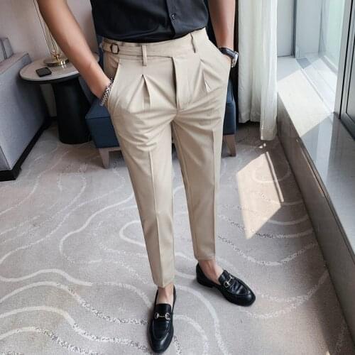 Belt design Mens Trousers Middle-aged Men Trousers Casual Slim Fit Thin Pencil Pants for Male High Waist Man Ankle-Length Pant