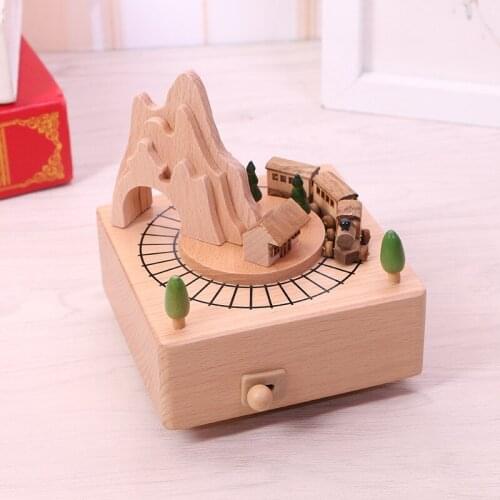 Through Train type wood Rotating music box Crafts Creative Gifts Home Furnishing Small Wooden Train Ornaments No battery needed
