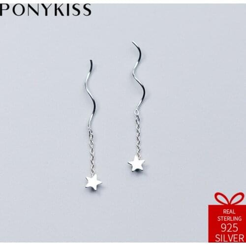 PONYKISS Romantic 100% 925 Sterling Silver Tassel Star Long Dangle Drop Earrings Women Sweet Lover Jewelry Accessory Party Gift