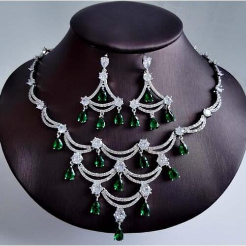 2021 new fashion luxury retro Green zircon necklace earring set,wedding bridel dinner banquet dress jewelry free shipping