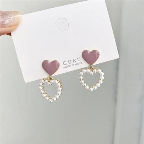 Korean Hollowing out heart kawaii fashion stud earrings pearls bohemian safety pin dangle earings women cute kpop jewelry