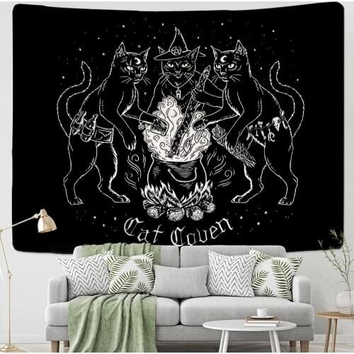 Cat Witchcraft Tapestry Wall Hanging Bohemian Psychedelic Cat Bay Divination Mysterious Black Cool Home Decor