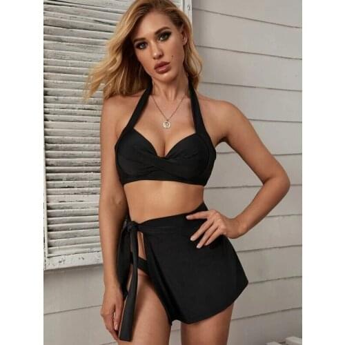 2020 swimsuit three-piece style black solid color steel tray gathered sexy bikini apron swimwear hot sale bikini fitness
