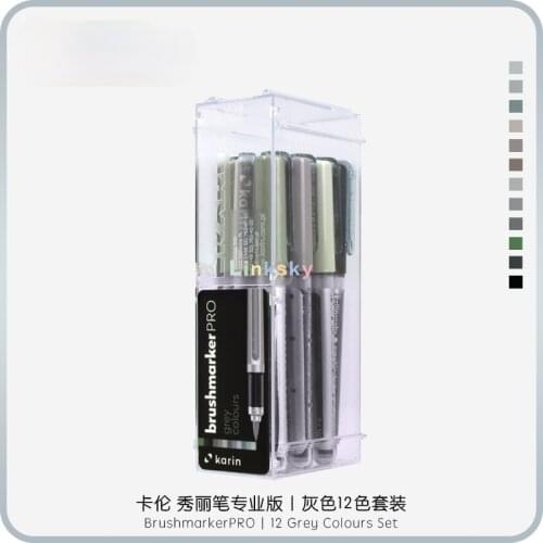 Karin Pro Brush Marker 12 Grey Colours Set,Transparent Body with Ink-Free System, 2.4 ml Liquid Paint No felt-tip marker