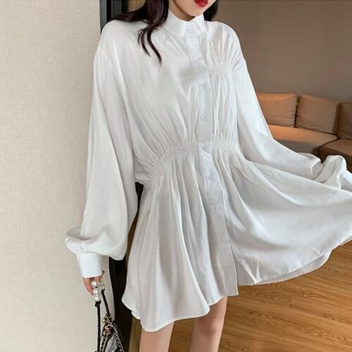Casual Women Dress New Spring 2021 High waist Loose irregular Stand Collar Lantern Long Sleeve vintage Blouse Shirt Dress 3658G